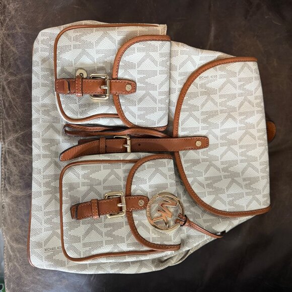 Michael Kors Monogram Canvas Backpack With Leather Trim & Gold Accents - Picture 12 of 12